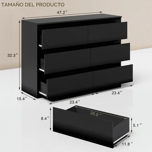 Vista 2 de Cómoda de 6 cajones para dormitorio, cómodas de madera de 47" de ancho, cómoda moderna con cajones para almacenamiento de ropa, organizador