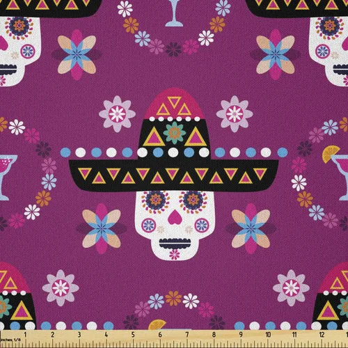 Vista 31 de Ambesonne The Yard, tela de calavera colorida con temática de Halloween, diseño de calavera y huesos cruzados, divertido estampado de dibujos