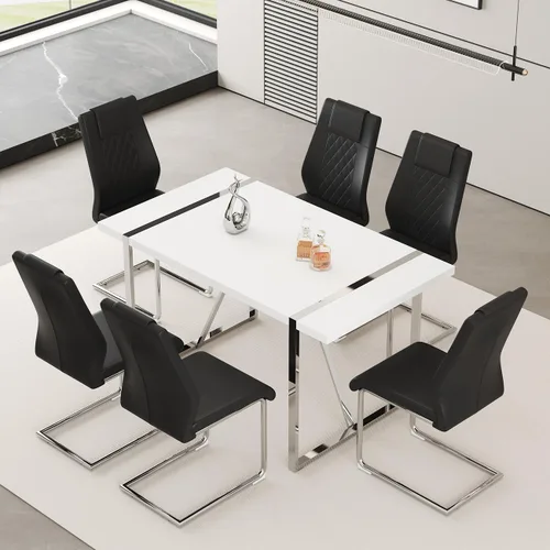 Vista 23 de Juego de mesa de comedor moderna de 55 pulgadas para 4, mesa de comedor negra y marco de metal dorado, mesa de comedor rectangular con 4 sillas