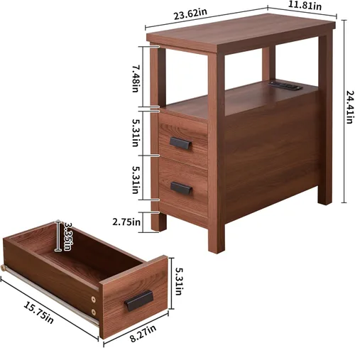 Vista 2 de Wood End Table Side Table Nightstand with 2 Drawer & USB Ports & Outlets 11.81in-brown