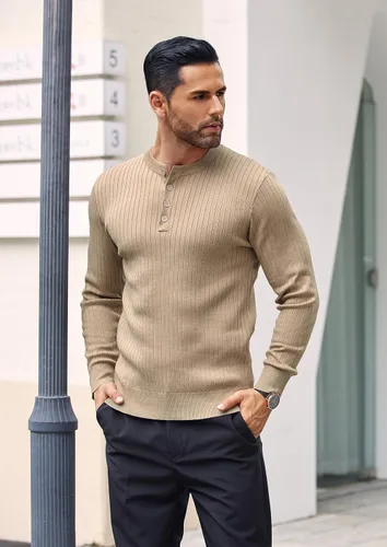 Vista 45 de COOFANDY Suéter de punto Henley para hombre, manga larga, con botones, ligero, para otoño, ajustado, acanalado