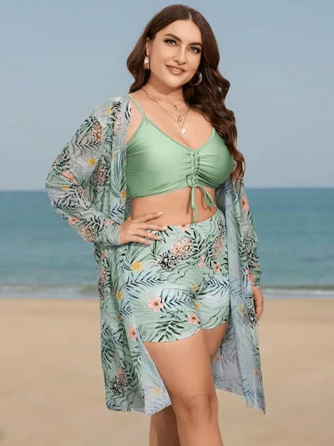 Vista 3 de Floerns Traje de baño de 3 piezas con cordón fruncido para mujer, talla grande, kimono