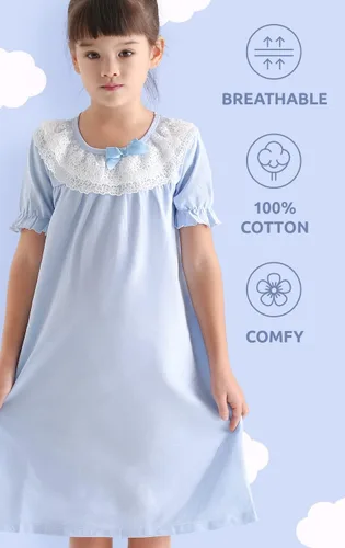 Vista 2 de BANGSAUR Vestido de algodón para niñas, vestido de encaje, vestido de dormir para niña de 3 a 15 años