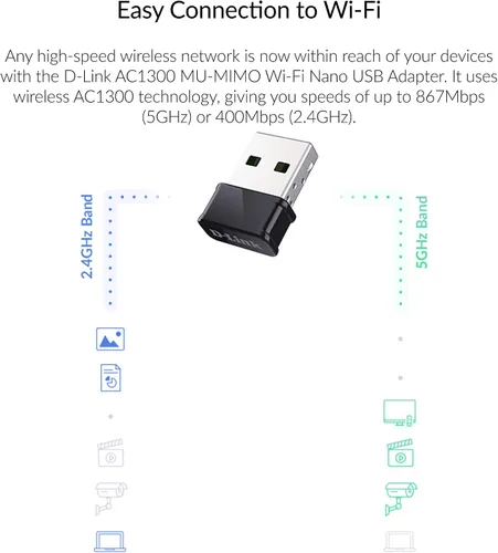 Vista 2 de D-Link Adaptador USB WiFi de doble banda AC1300 inalámbrico para Internet para PC de escritorio, portátil, juegos, MU-MIMO, compatible con Windows