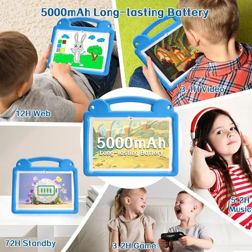 Vista 6 de Tablet infantil de 10.1 pulgadas, tableta Android para niños, Android 15, pantalla de 1280 x 800, CPU Octa-Core, 8 GB+64 GB, 1 TB expandible a Azul