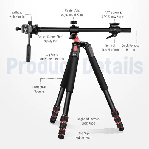 Vista 2 de NEEWER Trípode Horizontal de 73.6" con Columna Central Multiángulo, Cabezal Esférico y Plataforma de Eje Central, Trípode Monopie de Cámara