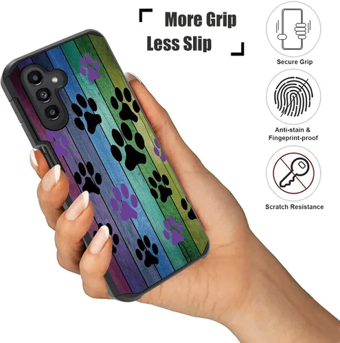 Vista 6 de Funda para Galaxy A13 5G/Galaxy A04S, diseño de tablero de madera rústica con estampado de patas de perro, resistente 2 en 1, de doble capa, híbrida
