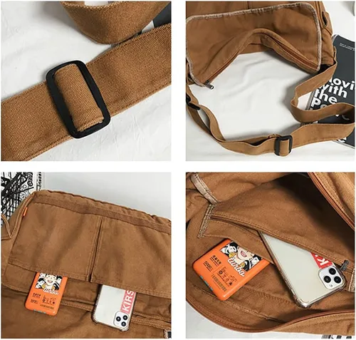 Vista 5 de Bolso de mensajero de lona vintage para hombres y mujeres, bolso cruzado, bolso de hombro, Harajuku Streetwear