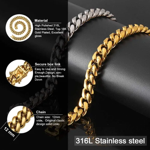 Vista 5 de Jewelry Kingdom 1 Collar o pulsera de cadena de eslabones cubanos de oro para hombre, 0.591 in, acero inoxidable de 18 quilates, gruesas y gruesas