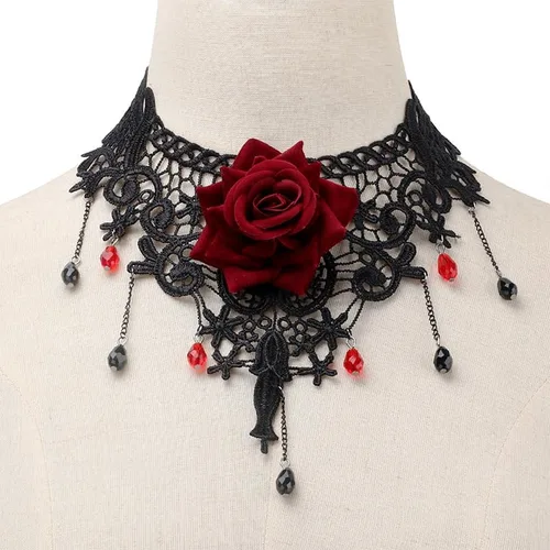 Vista 2 de Gargantilla gótica de encaje negro rosa roja para mujer, Zinc, No es una piedra preciosa
