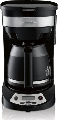 Vista 2 de Hamilton Beach Cafetera programable de 12 tazas, opciones de preparación, jarra de vidrio (46299), color negro con detalles de acero inoxidable
