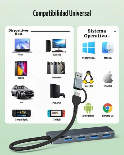 Vista 4 de Hub USB 3.0 4 puertos con USB-A/C, adaptador de aluminio de transferencia Gris
