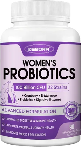 ZEBORA Probióticos para Mujeres Salud Digestiva con Enzimas y Prebióticos 100 Mil Millones de UFC | Probióticos Vaginales con D-Manosa y Arándano