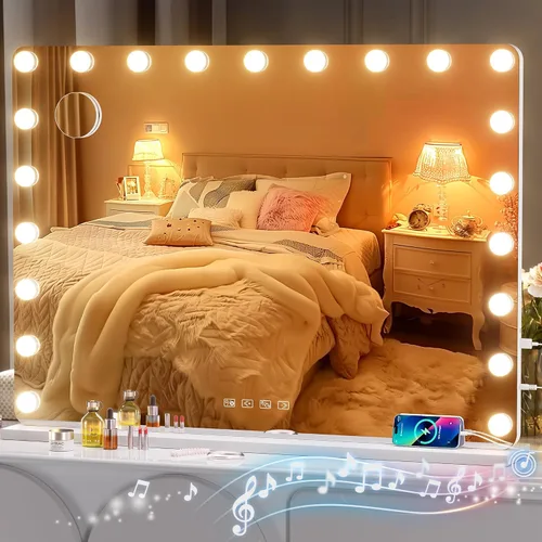 Vista 12 de Hasipu Espejo de tocador Hollywood de vidrio templado de 29 x 20.01 pulgadas con luces, altavoz Bluetooth, espejo de maquillaje con luces, 14