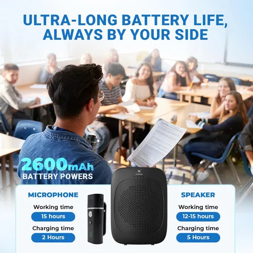 Vista 5 de Amplificador de voz Bluetooth con micrófono inalámbrico de solapa Lavalier para profesores, micrófono de clip de altavoz portátil, mini megáfono
