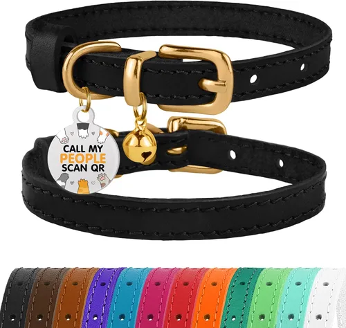 Vista 25 de BRONZEDOG Collar de cuero para gato con campanas extraíbles sin liberación rápida, etiqueta QR para gatito para niña y niño