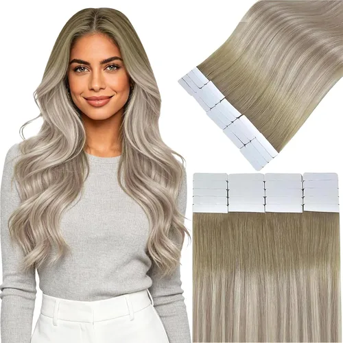 Vista 23 de Easyouth Extensiones de cabello humano rubio con cinta, extensiones de cabello humano rubio blanco, 12 pulgadas, 20 unidades, 1.06 onzas, para Una