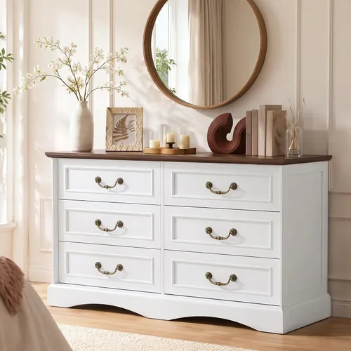 Vista 7 de YESHOMY Cómoda de granja con 6 cajones para dormitorio, cómoda de 47 Blanco y marrón