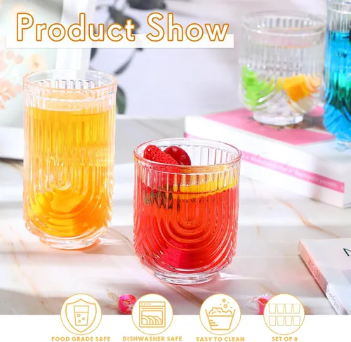 Vista 4 de Vesici 8 vasos de cóctel, diseño de arco, cristalería acanalada, vintage, ondulados, para bebidas de agua de whisky, café helado, jugo, leche, 14