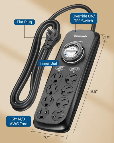 Vista 7 de DEWENWILS - Tira de enchufes con temporizador mecánico de 8 salidas, cable de alimentación de 6 pies y enchufe plano, temporizador mecánico