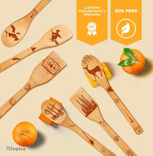 Vista 5 de Riveira Magic Wizard Gifts - Juego de 6 cucharas de madera orgánica para cocinar, regalos de Navidad para mujeres, utensilios de cocina, espátulas