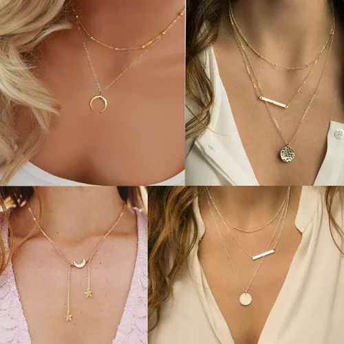 Vista 4 de Honsny 25 collares de gargantilla en capas para mujeres y niñas, juego de collar multicapa de oro, ajustable, delicado, luna, estrella, moneda