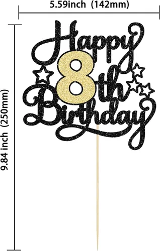Vista 2 de 1 pieza de decoración de pastel de 8º cumpleaños con purpurina y saludos a 8 años, decoración de pastel de feliz cumpleaños para fiesta de 8 años