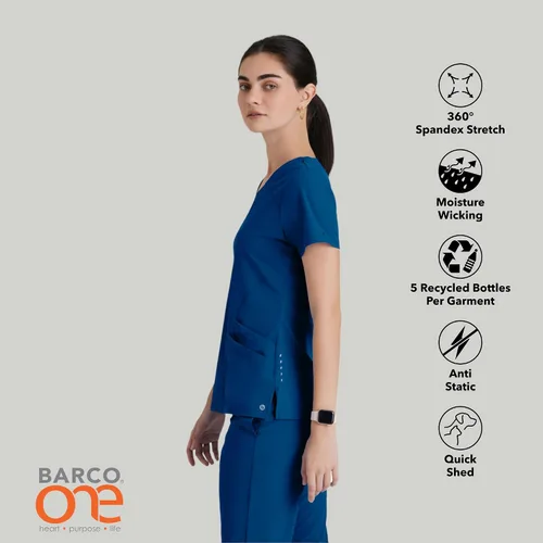 Vista 5 de BARCO ONE - Camiseta médica con cuello en V y 5 bolsillos, elástico de 4 vías, para mujer Índigo (Azul marino)