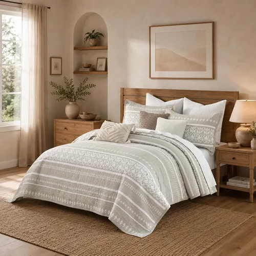 Vista 3 de Juego de edredón 100% algodón a rayas, bohemio, tamaño Queen, color beige y blanco, 3 piezas Lightweight & Soft Bedspread, Boho Style Bedding Set