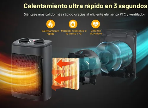 Vista 4 de Calentador de espacio, calentadores eléctricos portátiles de 1500 W para interiores con termostato, pequeño calentador de habitación de cerámica