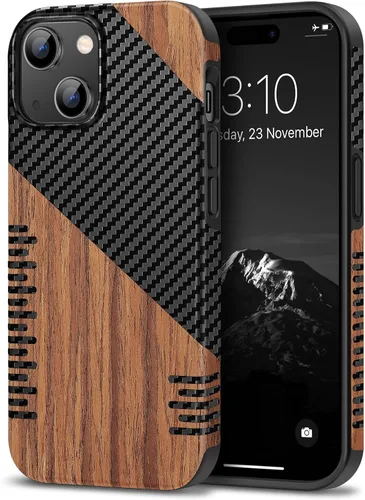 Vista 18 de TENDLIN Compatible con Funda para iPhone 15, Funda de Madera con Textura de Fibra de Carbono, Diseño Híbrido de Cuero Delgado (Negro)
