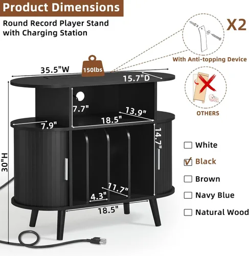 Vista 2 de LELELINKY - Pequeño soporte redondo para tocadiscos con estación de carga y estante de exhibición estriado, gabinete de tocadiscos negro de mediados
