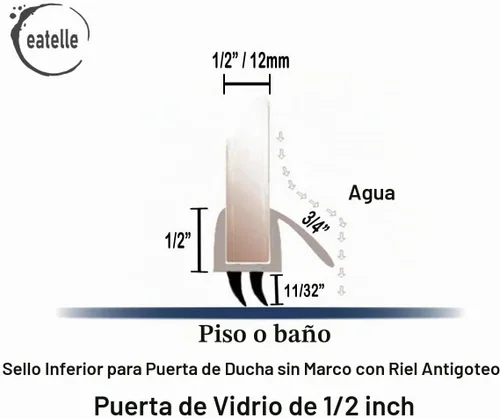 Vista 2 de eatelle Sello inferior de puerta de ducha con riel de goteo para vidrio de 1/2 pulgada (12mm) de grosor, barrido de 36 pulgadas de largo