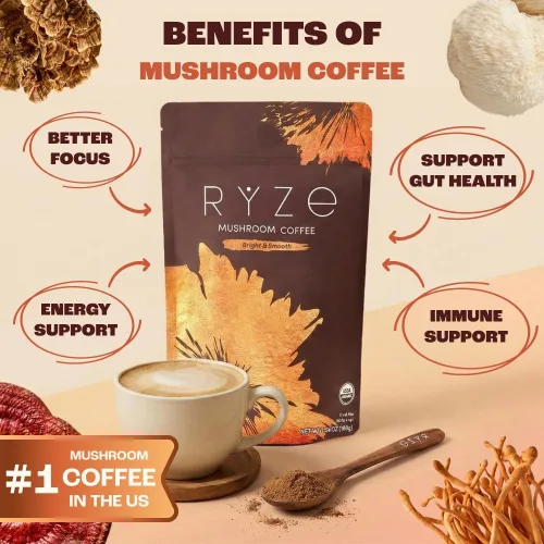 Vista 2 de RYZE SUPERFOODS - Café de tostado medio de hongos orgánico USDA con 6 hongos adaptogénicos, café instantáneo cultivado en Estados Unidos para una
