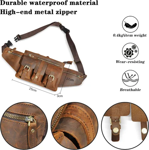 Vista 2 de Grueso caballo loco cuero senderismo equitación viaje al aire libre cinturón riñonera riñonera pequeña bolsa de teléfono para hombres mujeres 380