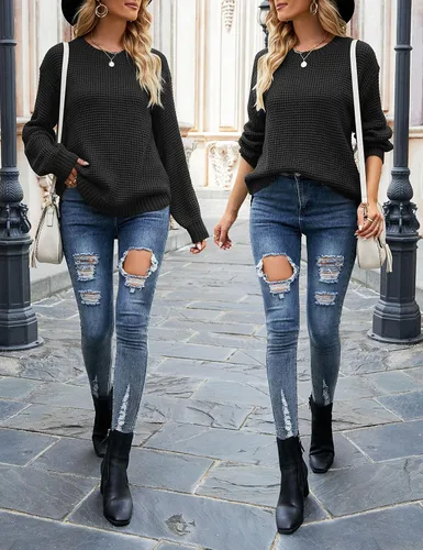 Vista 5 de MEROKEETY - Suéter de punto gofre para otoño para mujer, estilo casual, manga larga tipo globo, holgado, sin botones