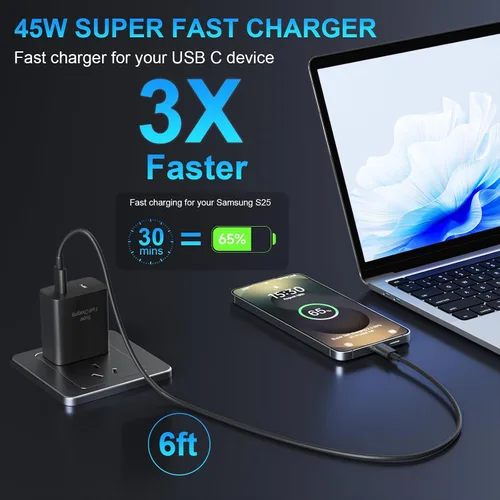Vista 3 de Paquete de 2 cargadores súper rápidos USB C de doble puerto para teléfono Android tipo C, bloque de carga rápida con cable de carga tipo C de 6 pies