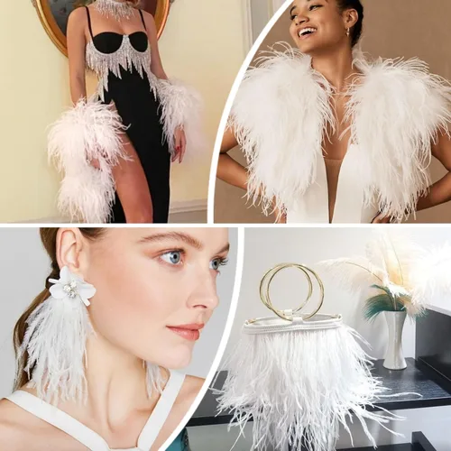 Vista 6 de Soarer Flecos de plumas de avestruz beige - 1,8 m, 12-18 cm, para manualidades de costura, ropa, joyería, decoración de bodas y fiestas en casa
