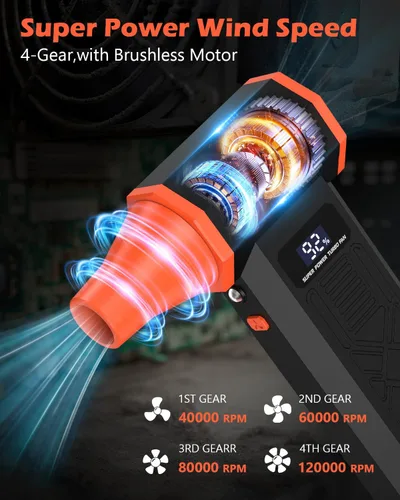 Vista 2 de Plumero de aire comprimido, plumero de aire eléctrico de 120,000 RPM, potente motor sin escobillas de 4 velocidades con luz LED, soplador de aire