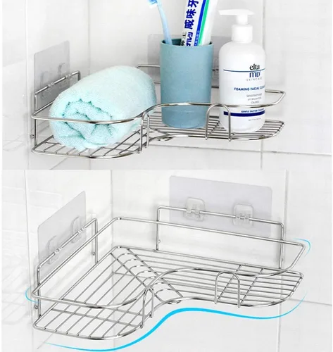 Vista 7 de Paquete de 2 organizadores de ducha esquineros, estante adhesivo de baño montado en la pared, estante de baño de acero inoxidable, organizador