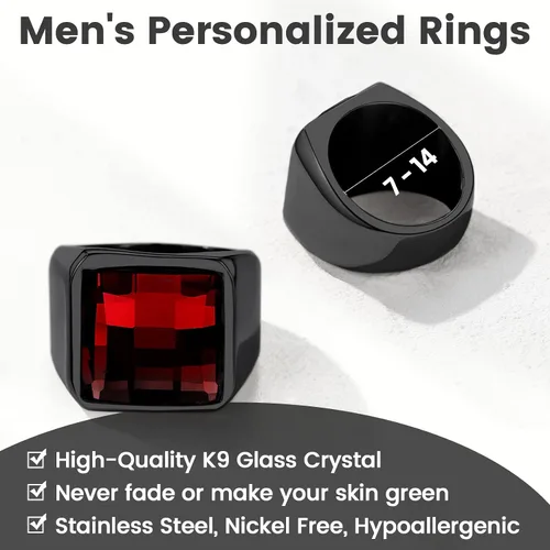 Vista 5 de Anillos cuadrados de sello de piedras preciosas para hombres, anillo de meñique personalizado de acero inoxidable con piedra natal de topacio azul