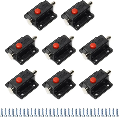 Vista 12 de MroMax Pestillo de perno de puerta con resorte, cierre deslizante de plástico ABS negro con botón de interruptor para puerta, gabinete, accesorios