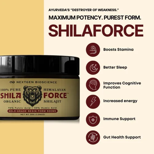 Vista 4 de ShilaForce™ Shilajit - Resina viva orgánica orgánica del Himalaya cosechada en estado silvestre de grado dorado, 500 mg, 70% ácido fúlvico y 10%