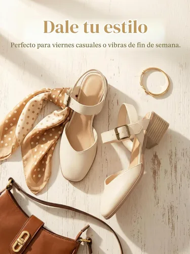 Vista 4 de Coutgo Zapatos de vestir de tacón bajo y grueso para mujer, con puntera cerrada, con correa de tobillo ajustable Beige
