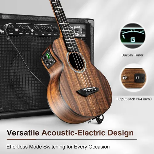 Vista 5 de Caramel Ukulele Eléctrico Tenor CT204 de Madera de Acacia Totalmente Maciza de 26 Pulgadas, Kit Profesional de Ukulele para Principiantes, Paquete