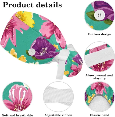 Vista 4 de Gorra de trabajo ajustable con diseño de grúa de flor negra con botones, sombrero exfoliante con lazo para el cabello