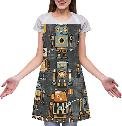 Vista 3 de MUSM Apron for Adults - 27.6 X 31.5 Inch, Heavy-Duty Polyester Aprons with Two Large Pockets, Waterproof Retro Style Robot Kitchen Apron for