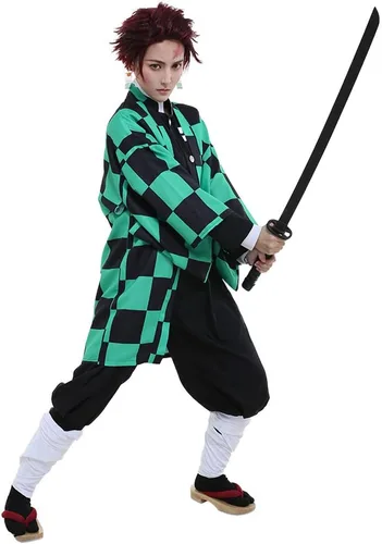 Vista 2 de miccostumes Disfraz de anime para hombre, kimono negro y verde, uniforme