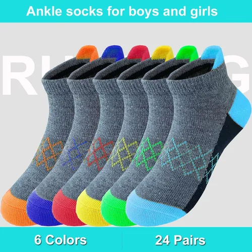 Vista 3 de Tsmollyu Calcetines para niños, 24 pares de calcetines de corte bajo, calcetines deportivos para niños pequeños y grandes de 3 a 14 años
