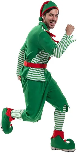 Vista 6 de EraSpooky Disfraz de elfo para hombre, disfraz de Papá Noel, color rojo y verde